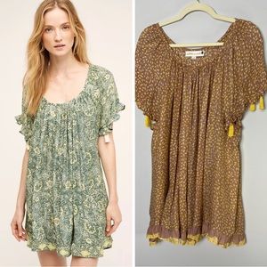 Anthropologie Green and Brown Floral Top